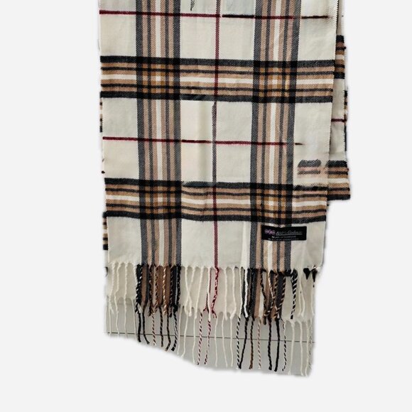 😊100% Cashmere Scarf Classic Scottish Plaid Ivory/Tan/Black/RedUnisex NWOT - Picture 3 of 7